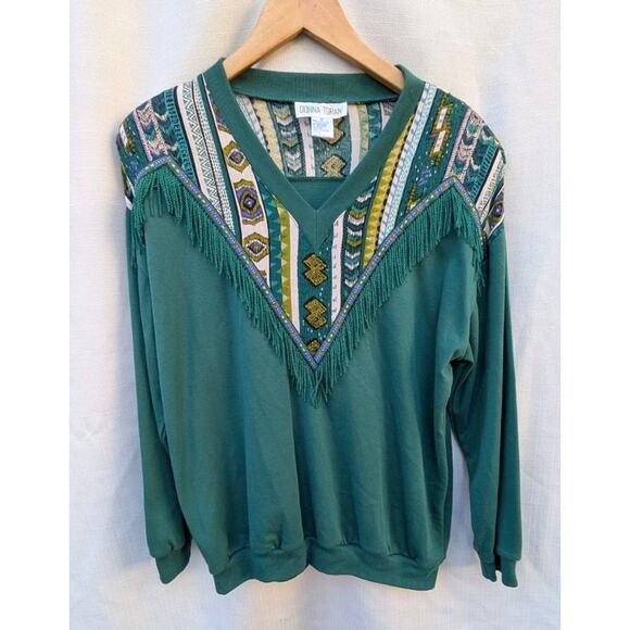 Donna Toran Womens Vtg 90s Southwestern Sweater M Fringe Western Country Aztek - Picture 1 of 5